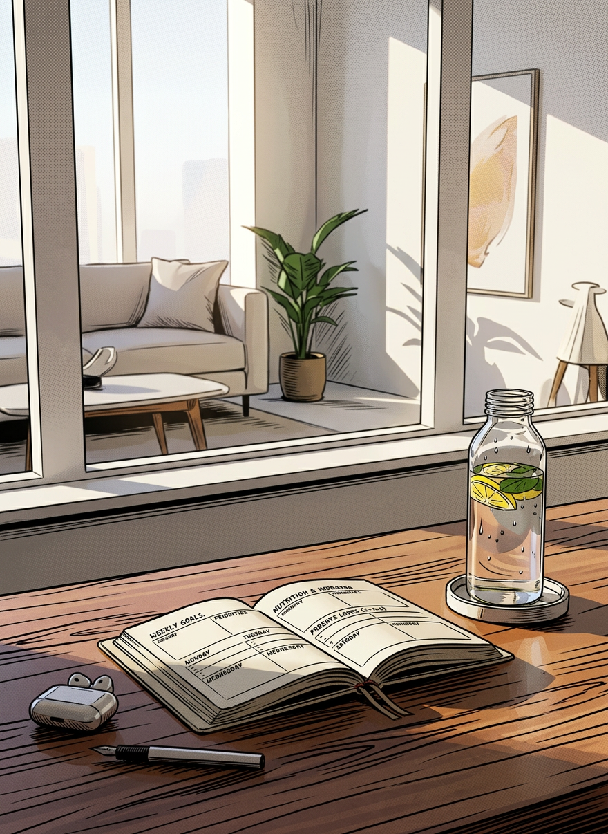 health coaching A neatly arranged wooden desk with a softly textured, open wellness journal at the center, its pages filled with tidy handwritten notes about sleep, nutrition, and energy levels. Beside it, a glass water bottle infused with lemon slices and fresh mint rests on a matte white coaster. A pair of wireless earbuds and a sleek silver pen add a modern touch. The desk sits near a large window, bathed in gentle morning sunlight that casts calm, elongated shadows across the grain of the wood. Photographic realism with a clean, modern, professional aesthetic, shot at eye level with a shallow depth of field so the background—an out-of-focus, minimalist living space—gently fades away, evoking clarity, focus, and quiet motivation.